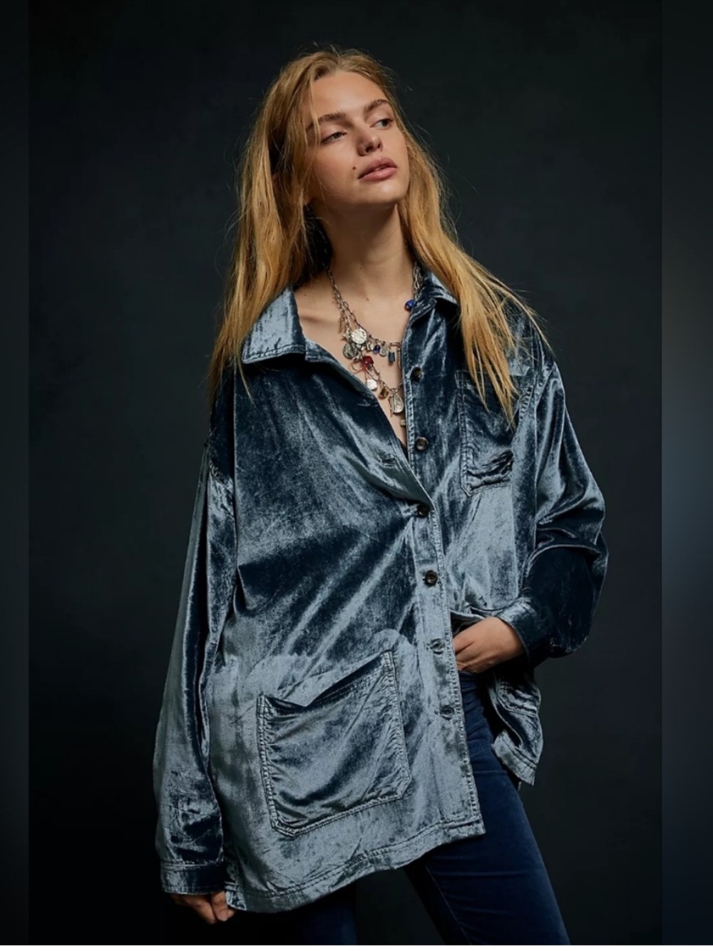 Free people blue off duty velvet shirt oversized S NWT